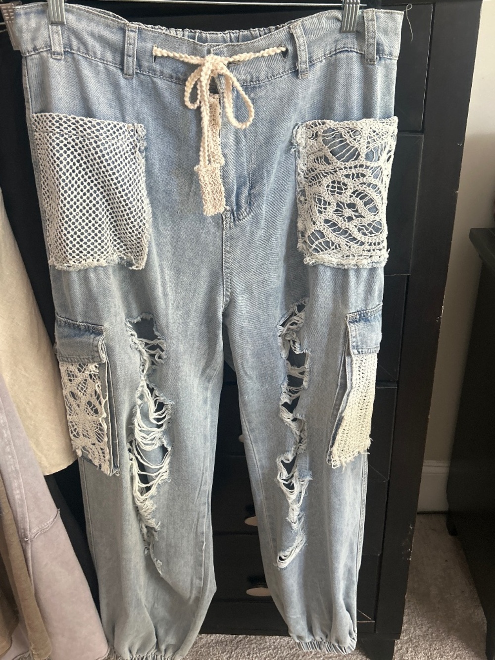 POL Light Blue Distressed Crochet Boyfriend  Jeans size L